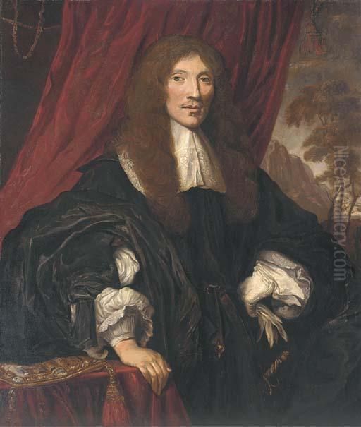 Portrait Of A Gentleman, 
Half-length, In A Black Gown With Lacecollar And Cuffs, His Right Hand 
Resting On A Table, A Red Curtainand Landscape Beyond Oil Painting by Sir Peter Lely
