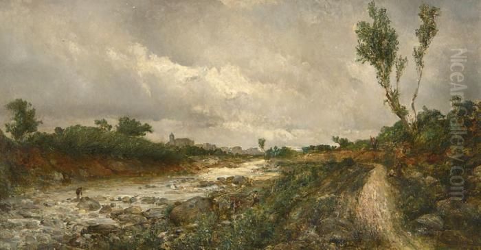 Paisaje Fluvial Con Pueblo. Oil Painting by Ramon Marti Y Alsina