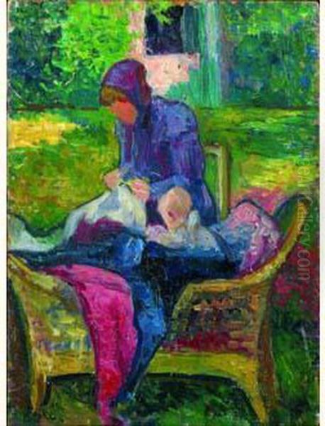 Mere Cousant Pres De Son Enfant Oil Painting by Jean Misceslas Peske