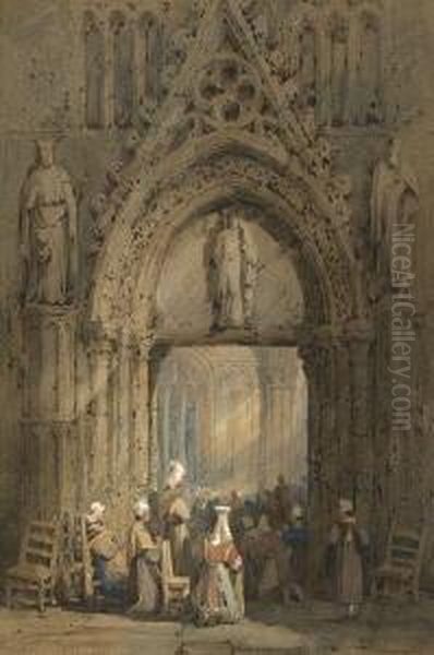 Glaubige In Einer Gotischen
 Kirche Oil Painting by Samuel Prout