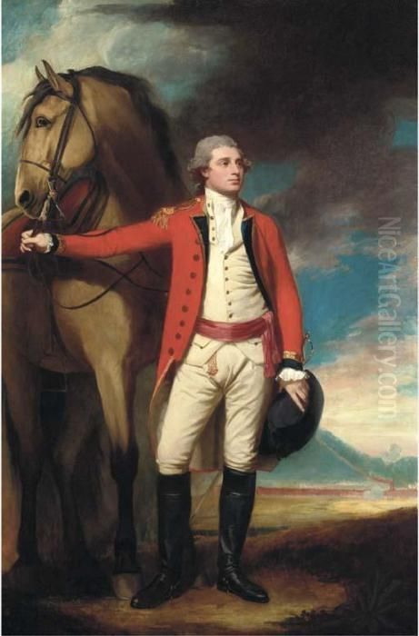 Portrait Of Major James Hartley,
 Full-length, In Uniform, Holdinghis Horse, A Formation Of Soldiers Near
 A Mountain Beyond Oil Painting by George Romney