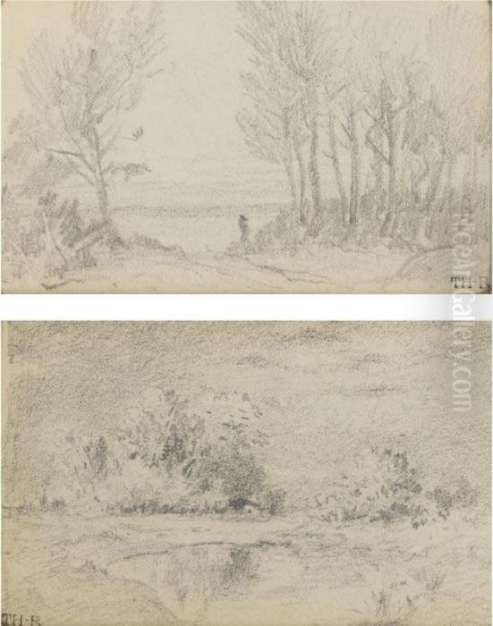 Paysage A La Mare And Chemin A Travers Les Arbres: A Pair Of Drawings Oil Painting by Theodore Rousseau