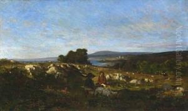 Lagernde Hirtenkinder Auf Einer
 Anhohe Uber Dem Meer. Oil Painting by Theodore Rousseau