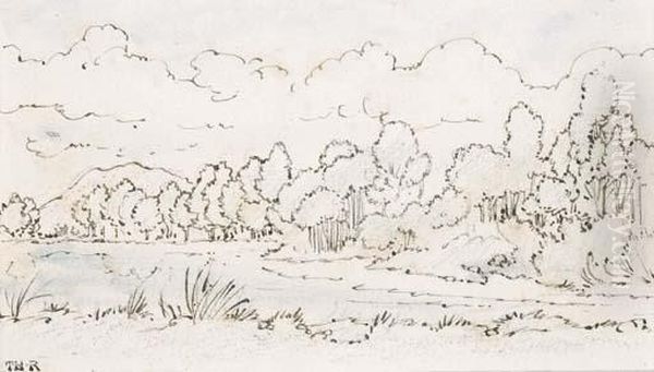 A Wooded River Landscape Oil Painting by Theodore Rousseau