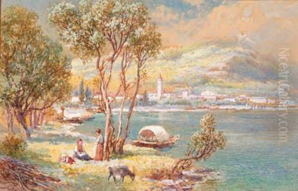 Figures And A Goat Beside The 
Edge Of A Lake; And Figures In Arowing Boat Beside The Shore Oil Painting by Charles Rowbotham