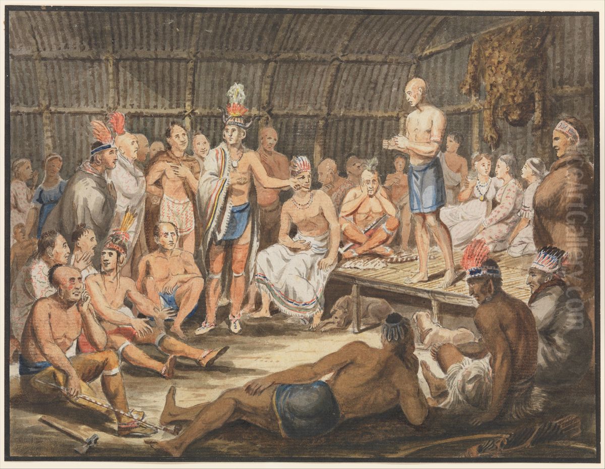 Exhibition of Indian Tribal Ceremonies at the Olympic Theater, Philadelphia Oil Painting by John Lewis Krimmel