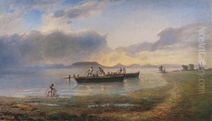 Fishermen By The Lake Balaton Oil Painting by Karoly Telepy