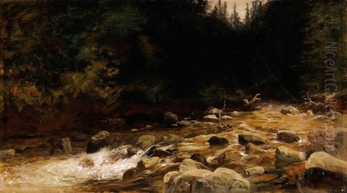 Waterfall By Tarpatak Oil Painting by Karoly Telepy