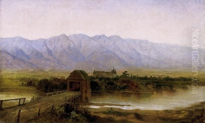 Town In Upper Hungary With The Tatra Mountains In The Background Oil Painting by Karoly Telepy