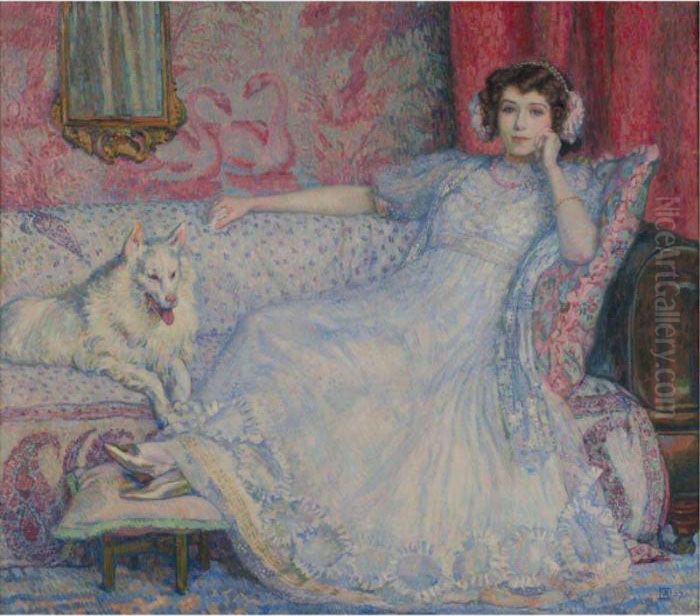 La Dame En Blanc (portrait De Madame Helene Keller) Oil Painting by Theo van Rysselberghe