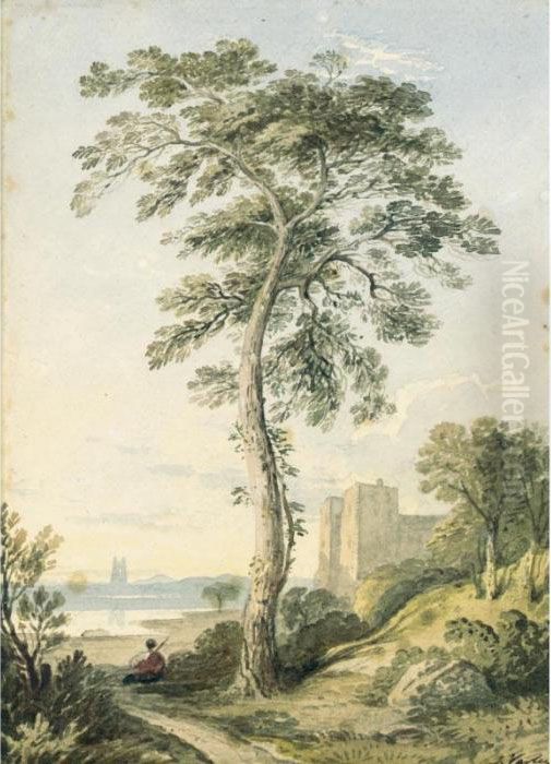 Landscape With Large Tree And A Castle In The Distance Oil Painting by John Varley
