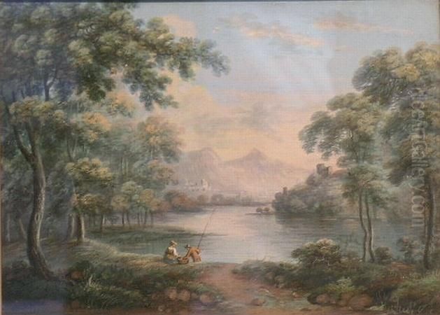 A Couple Fishing Beside A Lake Oil Painting by John Varley