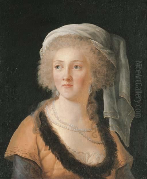 Portrait Of A Lady, Bust-length,
 In A Fur-lined Orange Dress, With A Pearl Necklace And A White Turban Oil Painting by Elisabeth Vigee-Lebrun