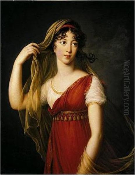 Portrait Of A Young Lady, 
Possibly The Hon. Charlotte Dillon, Three-quarter Length Standing, 
Dressed In Imperial Style With A Red Stole And A Veil Oil Painting by Elisabeth Vigee-Lebrun