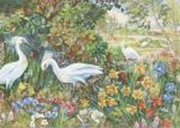 Cranes In An Exotic Garden Oil Painting by Louis Wain