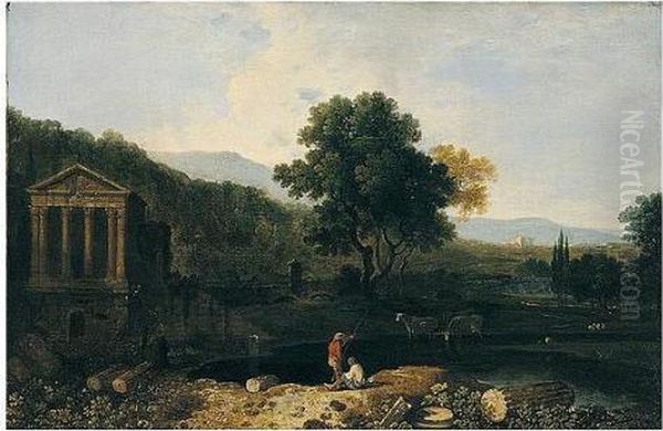 An Italian River Scene, With The
 Temple Of Clitumnus And Ruins, Two Figures And Cows In Foreground Oil Painting by Richard Wilson