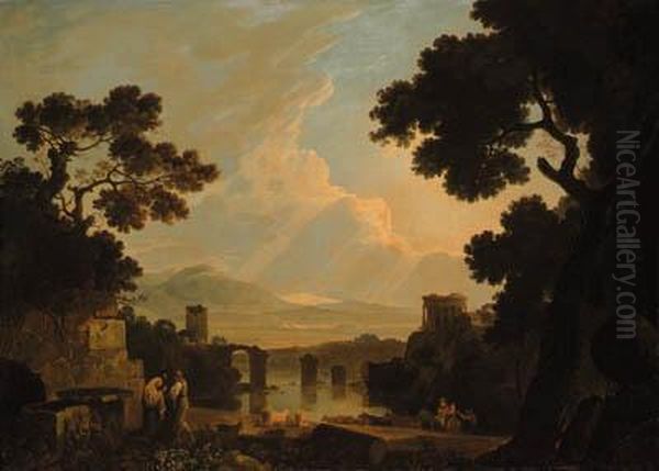 A Capriccio Landscape With The 
Temple Of The Sibyl At Tivoli Andthe Broken Bridge At Narni Oil Painting by Richard Wilson