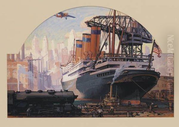 New York Ship Yard Oil Painting by Leon Alarac Shafer