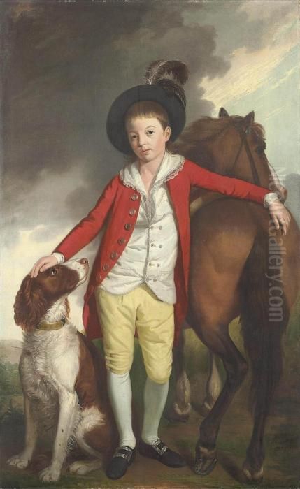 Portrait Of Boy, Possibly J. 
Langlands, Full-length, In A Red Coat, White Waistcoat, Yellow Breeches,
 Silver-buckled Shoes And A Feathered Hat, Flanked By A Pony And A Hound Oil Painting by William Bell