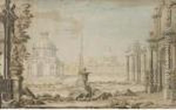 Projet De Decor De Theatre: Une 
Grande Place Avec Des Temples Et Un Obelisque, Des Debris Au Milieu Oil Painting by Giovanni Carlo Bibiena