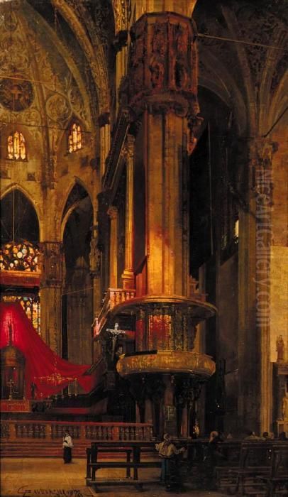 Figures In A Cathedral Interior Oil Painting by Emilio Cavenaghi