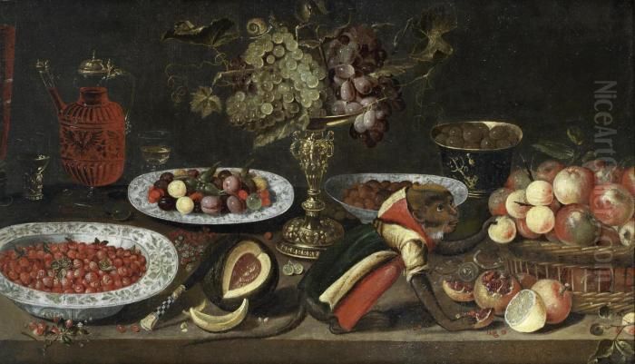 Grapes In A 
Tazza 
, A Glass And Carafe Of Red Wine, A Bowl Of Strawberries, A Split Melon,
 A Clothed Monkey, A Bowl Of Olives And A Basket Of Apples On A Wooden 
Table Oil Painting by Artus Claessens
