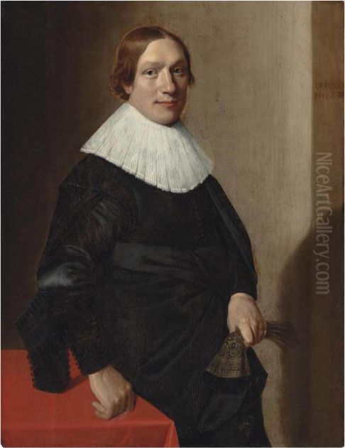 Portrait Of A Man, Half-length, 
In A Black Doublet And Cloak, With A Ruff, Resting His Right Hand On A 
Table And Holding A Glove Oil Painting by Jan Daemen Cool