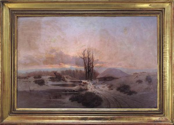 Paesaggio Innevato Al Tramonto Con Veduta Del Monviso Oil Painting by Giacinto Corsi Di Bognasco