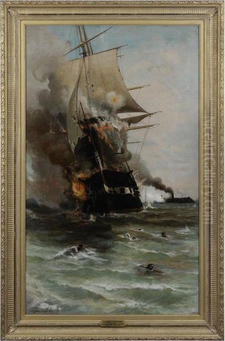 The Burning Of The Uss Congress Oil Painting by Julian Oliver Davidson