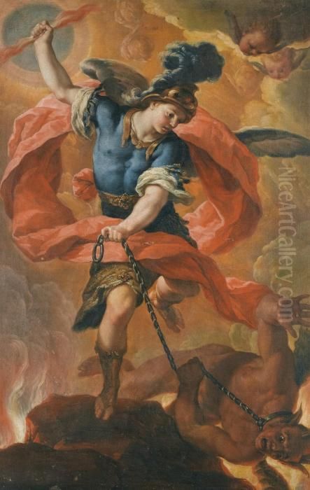 The Archangel Michael Defeating The Devil Oil Painting by Acislo Antonio Palomino