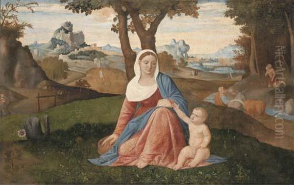 The Rest On The Flight Into 
Egypt With The Penitent Saint Jerome In A Wooded River Landscape Oil Painting by Benedetto Diana
