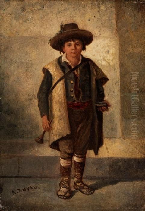 Italienischer Bettlerknabe Mit Sammelschale Und Kleiner Trompete Oil Painting by Duval, Charles Allen