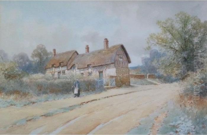 Figure On Country Path Beside A Thatched Cottage Oil Painting by Harold M. English