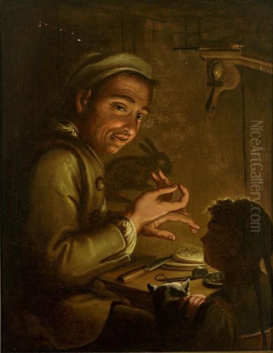 Sitzender Handwerker Fuhrt 
Einem Kind Bei Kerzenlicht Schattenspiele Vor Und Wirft Einen Hasen An 
Die Wand. Oil Painting by Ulrich Glantschnigg