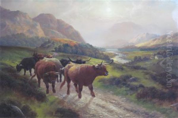 Highland Cattle In Glen Oil Painting by Henry R. Hall