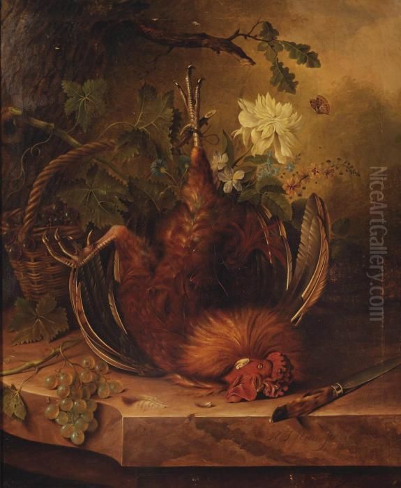 A Rooster, Grape Vines, Various 
Flowers And A Wicker Basket With Blue Grapes, A Hunting Knife And White 
Grapes On A Ledge Oil Painting by Jan Hendrik Verheijen