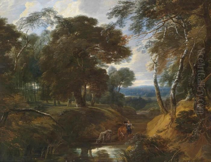 A Wooded Landscape Oil Painting by Philippe-Augustin Immenraet
