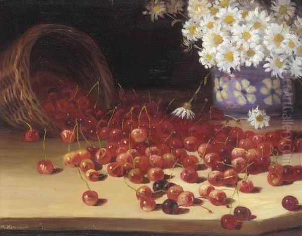 A Vase Of Daisies And An Over-turned Basket Of Cherries On A Table Oil Painting by Marie Keller-Hermann