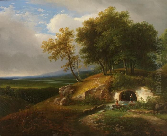 Zum Einen: Alte Muhle Mit 
Wascherin Am Ufer; Zum Anderen: Erhohte Quelle Mit Weitem Blick In Das 
Land Oil Painting by Anton Knapp