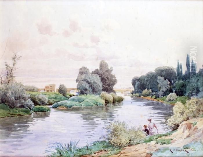 Pecheur Et Jeune Femme En Bord De Riviere Oil Painting by R. V. Meunier