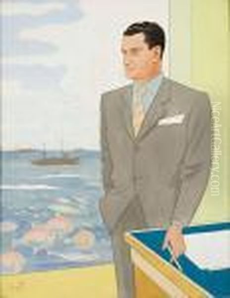 Ritratto Di Uomo Con Vista Di Pescherecci In Navigazione Oil Painting by Gino Mugnai