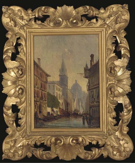 A Venetian Canal With River Traffic, A Cappriccio Oil Painting by Adolphe-Antoine Perrot