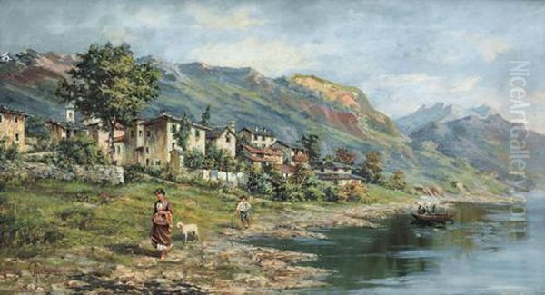 Paese Lungo Il Fiume Oil Painting by Adolfo Polaroli