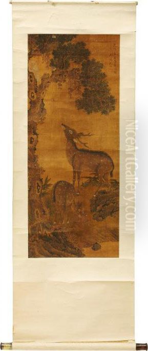 Landskap Med Hjortar Och Apa Oil Painting by Emperor Qianlong