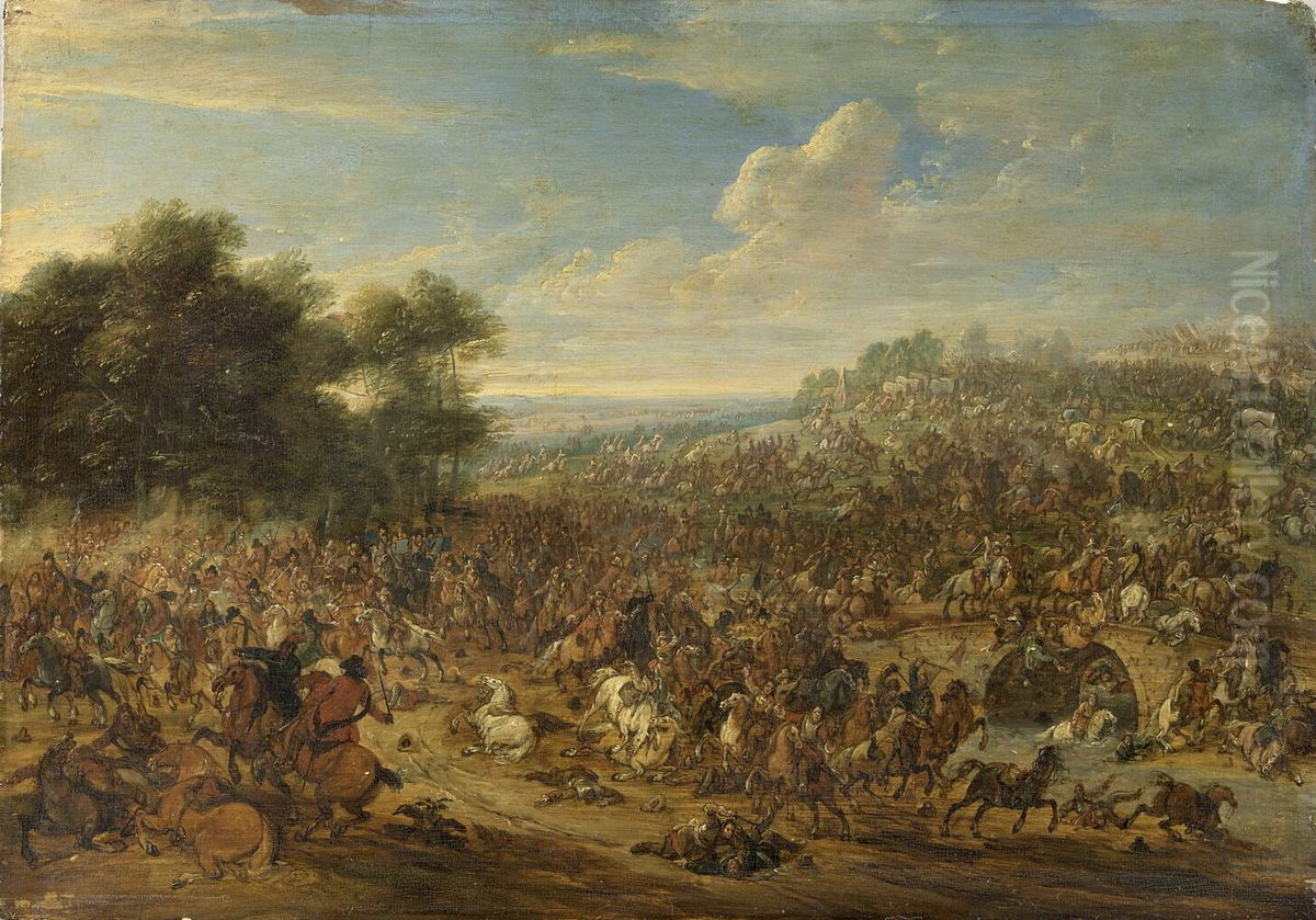 Battle near a Bridge Oil Painting by Adam Frans van der Meulen