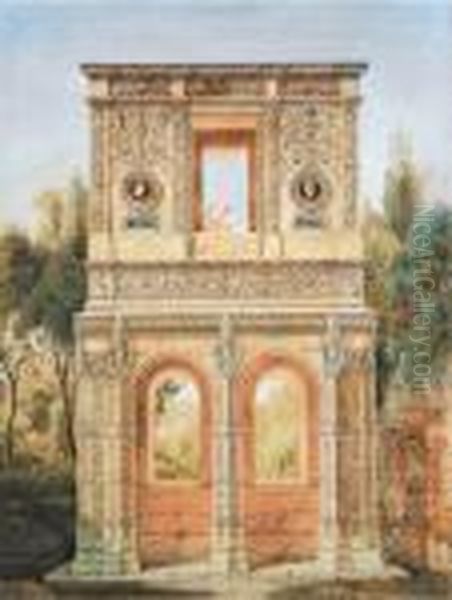 Projet D'architecture En Deux 
Parties Sur Fond De Paysage, Neogothique Dans La Partie Inferieure Et 
Antiquisant Dans La Partie Superieure, Avec Frise Et Portraits En 
Medaillon. Oil Painting by Ange Henri Louis Saint Ange Desmaisons