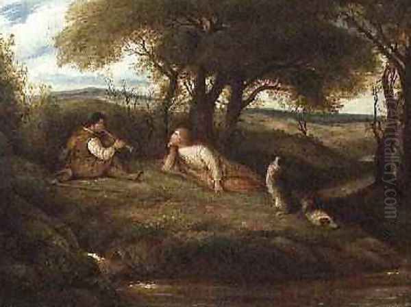 Young Man Playing Music to a Shepherd and his Dogs Oil Painting by John Linnell