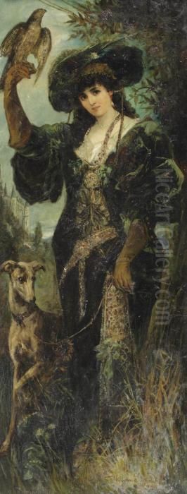 A Lady With A Falcon And A Dog Oil Painting by Schneider Heinrich & Wilhelm