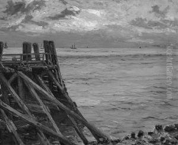 Kustenlandschaft Mit
 Landungssteg. Oil Painting by Leopold Schonchen