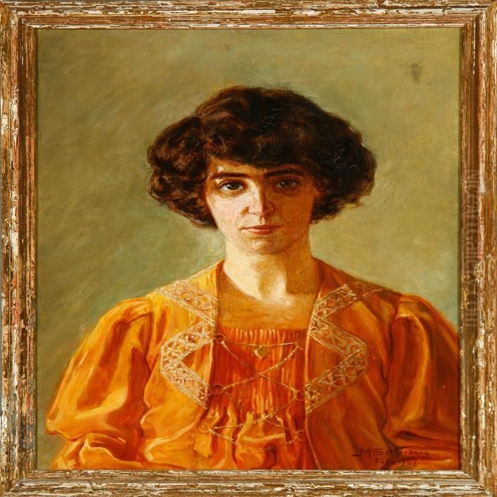 A Portrait Of A Woman With Dark Hair And An Orange Dress Oil Painting by Maja Setterberg